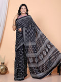 Bagru Block Print Cotton mulmul Sarees With Running Blouse Black HS-5019