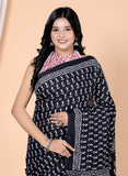 Bagru Block Print Cotton mulmul Sarees With Running Blouse Black HS-5019