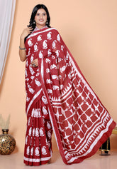 Bagru Block Print Cotton mulmul Sarees With Running Blouse Red HS-5020