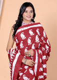 Bagru Block Print Cotton mulmul Sarees With Running Blouse Red HS-5020