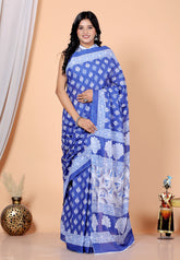 Bagru Block Print Cotton mulmul Sarees With Running Blouse Blue HS-5021
