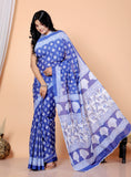 Bagru Block Print Cotton mulmul Sarees With Running Blouse Blue HS-5021