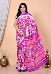 Bagru Block Print Cotton mulmul Sarees With Running Pink HS-5023