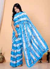 Bagru Block Print Cotton mulmul Sarees With Running Sky Blue HS-5024
