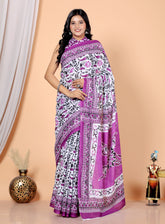 Bagru Block Print Cotton mulmul Sarees With Running Beige HS-5025