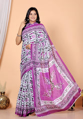 Bagru Block Print Cotton mulmul Sarees With Running Beige HS-5025