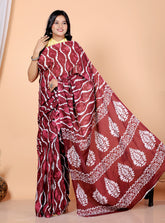 Bagru Block Print Cotton mulmul Sarees With Running Red Printed Saree HS-5026