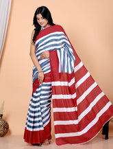 Bagru Block Print Cotton mulmul Sarees With Running Red White Line HS-5027