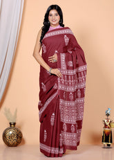 Bagru Block Print Cotton mulmul Sarees With Running Mehroon HS-5028