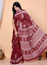 Bagru Block Print Cotton mulmul Sarees With Running Mehroon HS-5028