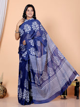 Bagru Block Print Cotton mulmul Sarees With Running Blue HS-5029