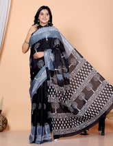 Bagru Block Print Cotton mulmul Sarees With Running Black Grey HS-5030