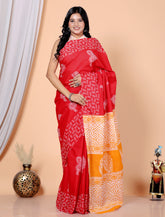 Bagru Block Print Cotton mulmul Sarees With Running Red HS-5031