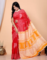 Bagru Block Print Cotton mulmul Sarees With Running Red HS-5031