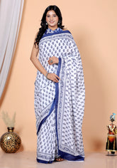 Bagru Block Print Cotton mulmul Sarees With Running White Flower HS-5033