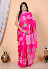 Bagru Block Print Cotton mulmul Sarees With Running Pink HS-5034