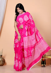 Bagru Block Print Cotton mulmul Sarees With Running Pink HS-5034