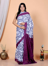 Bagru Block Print Cotton mulmul Sarees With Running White purple HS-5035