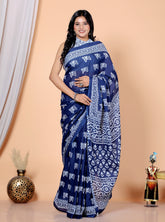 Bagru Block Print Cotton mulmul Sarees With Running Blue HS-5037