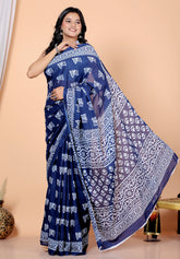 Bagru Block Print Cotton mulmul Sarees With Running Blue HS-5037