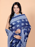 Bagru Block Print Cotton mulmul Sarees With Running Blue HS-5037