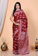 Bagru Block Print Cotton mulmul Sarees With Running Red HS-5038