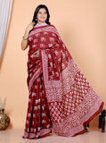 Bagru Block Print Cotton mulmul Sarees With Running Red HS-5038