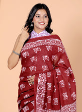 Bagru Block Print Cotton mulmul Sarees With Running Red HS-5038