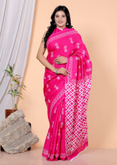 Bagru Block Print Cotton mulmul Sarees With Running Pink HS-5039
