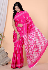 Bagru Block Print Cotton mulmul Sarees With Running Pink HS-5039