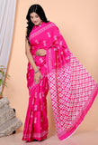 Bagru Block Print Cotton mulmul Sarees With Running Pink HS-5039