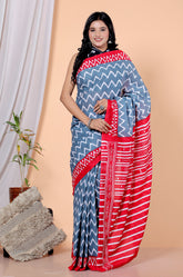 Bagru Block Print Cotton mulmul Sarees With Running Red Green HS-5040