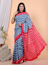Bagru Block Print Cotton mulmul Sarees With Running Red Green HS-5040