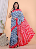 Bagru Block Print Cotton mulmul Sarees With Running Red Green HS-5040