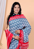 Bagru Block Print Cotton mulmul Sarees With Running Red Green HS-5040