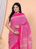 Bagru Block Print Cotton mulmul Sarees With Running Pink HS-5041