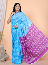 Bagru Block Print Cotton mulmul Sarees With Running Light Green HS-5042