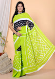 Bagru Block Print Cotton mulmul Sarees With Running Green HS-5045
