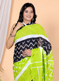 Bagru Block Print Cotton mulmul Sarees With Running Green HS-5045