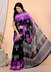 Bagru Block Print Cotton mulmul Sarees With Running Black Purple HS-5046