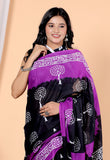Bagru Block Print Cotton mulmul Sarees With Running Black Purple HS-5046