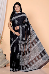 Bagru Block Print Cotton mulmul Sarees With Running Black HS-5047