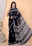 Bagru Block Print Cotton mulmul Sarees With Running Black HS-5047