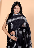 Bagru Block Print Cotton mulmul Sarees With Running Black HS-5047