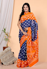 Bagru Block Print Cotton mulmul Sarees With Running Orange HS-5048