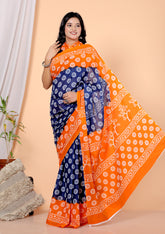 Bagru Block Print Cotton mulmul Sarees With Running Orange HS-5048