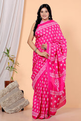 Bagru Block Print Cotton mulmul Sarees With Running Pink HS-5049