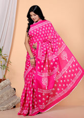 Bagru Block Print Cotton mulmul Sarees With Running Pink HS-5049