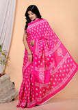 Bagru Block Print Cotton mulmul Sarees With Running Pink HS-5049