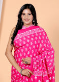 Bagru Block Print Cotton mulmul Sarees With Running Pink HS-5049